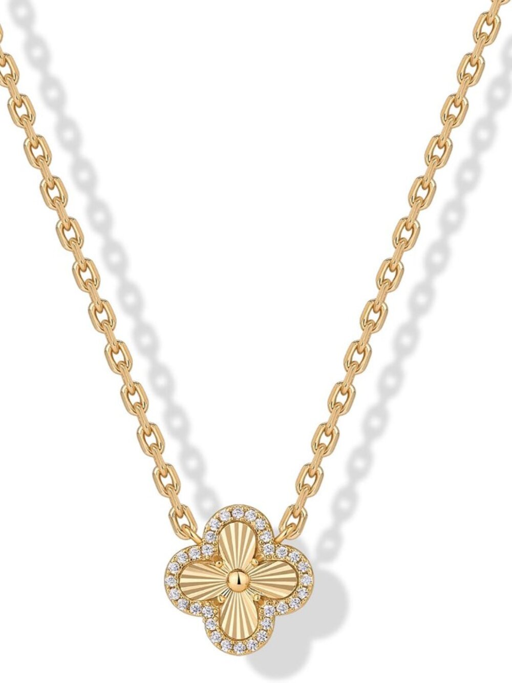 Four Leaf Clover Necklace for Women, 14K Gold Plated CZ Lucky Pendant